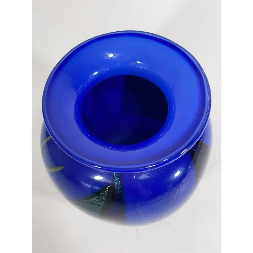 KEN & INGRID HANSON Signed Hand‎ Blown Cobalt Blue Art Glass Hand Painted Vase